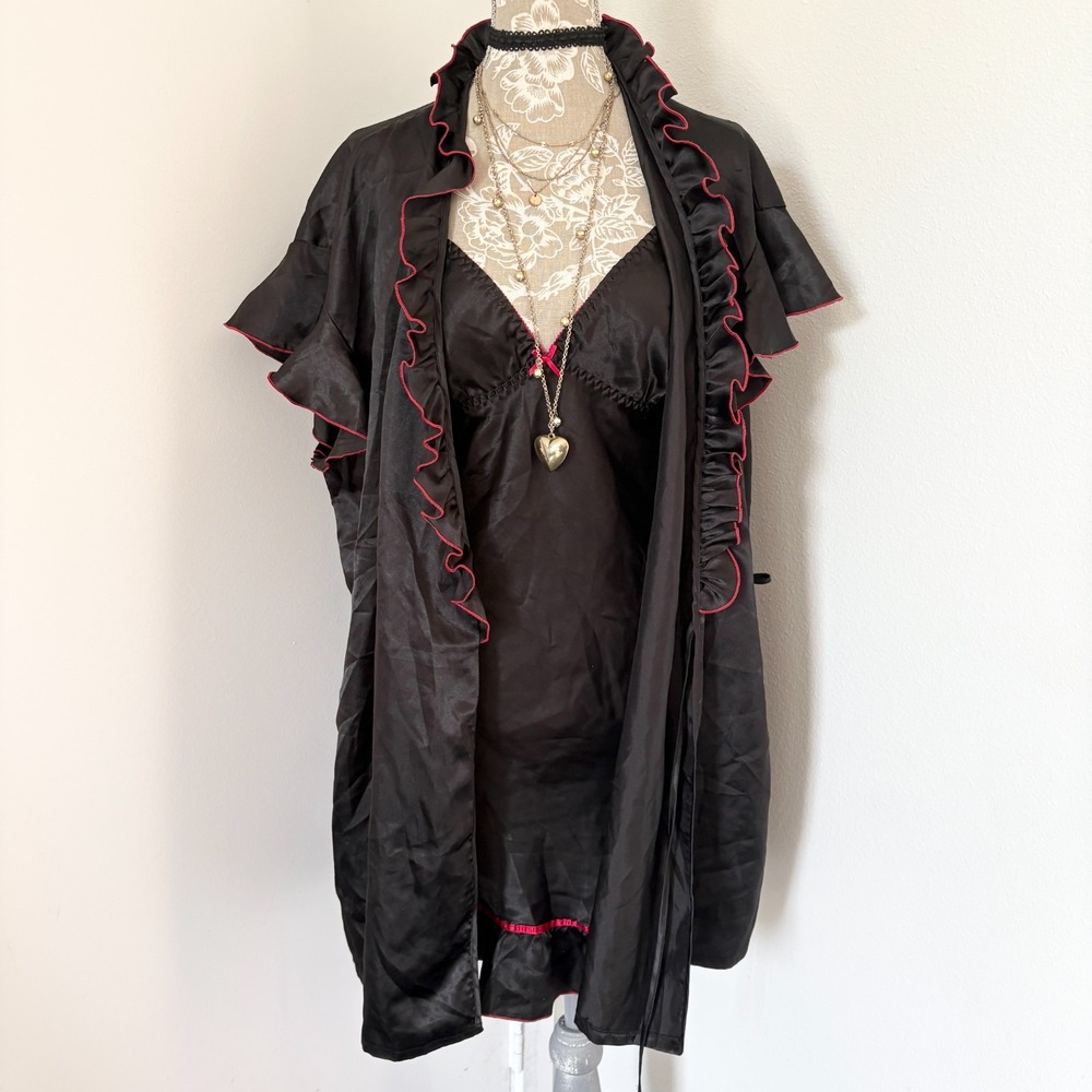 Cinema Etoile Womens 2XL Black Red Satin Ruffle Robe Lingerie Sleepwear